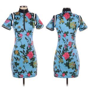 Pam & Gela Blue Floral Track Sheath Short Sleeved Mini-Dress Size: S Orig $265